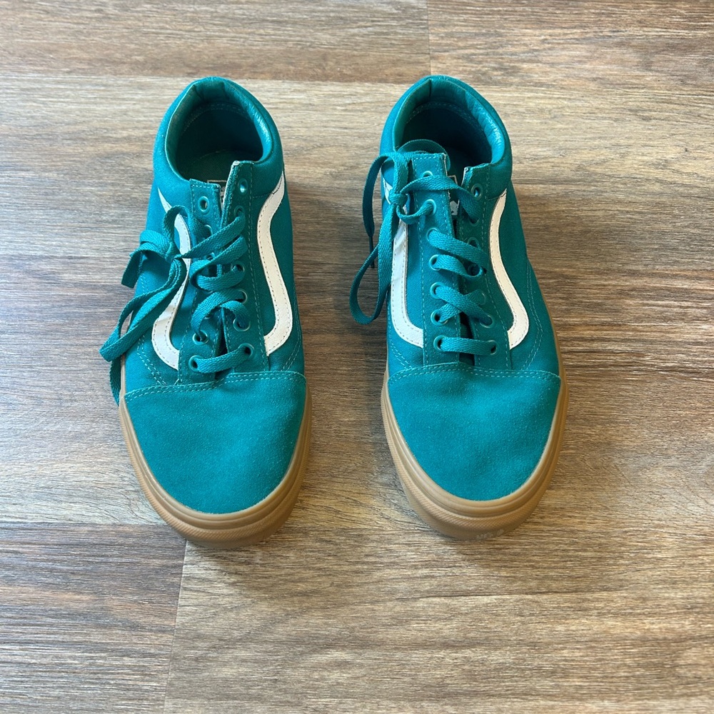 Teal Old Skool Suede Vans with White Stripe